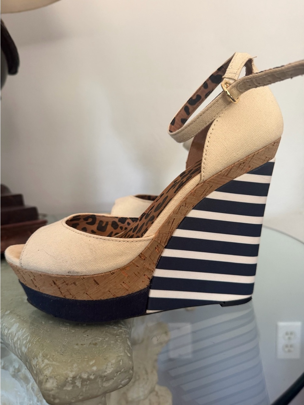 Jessica Simpson Cream Canvas Striped Cork Wedge Sandals